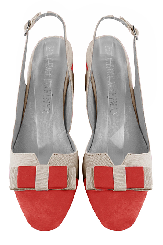 Scarlet red and gold women's open back shoes, with a knot. Round toe. Low flare heels. Top view - Florence KOOIJMAN